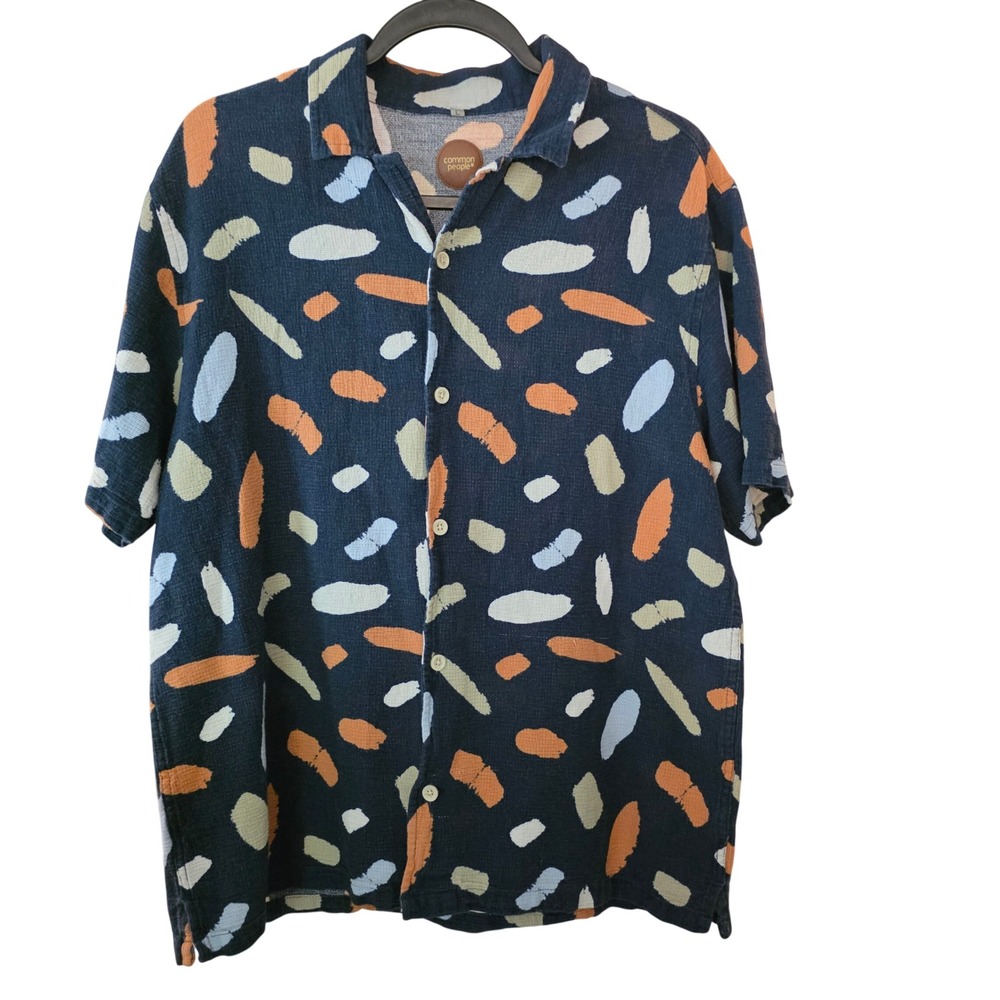 Common People Mens Large Abstract Brushstroke Cotton Short Sleeve Button Down